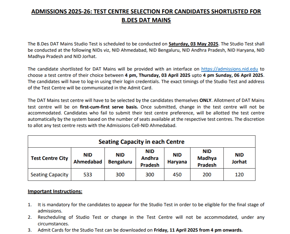 NID DAT 2025 Exam Center List (OUT) for Studio Test, Reporting Time, Center-wise Capacity 2 INFORMATION ABOUT B DES NID DAT 2025 MAINS TEST CENTRE SELECTION