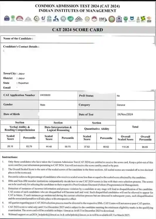 CAT Result 2025 - When and How to Download, Qualifying Status, Topper List 1 Sample CAT Scorecard Result