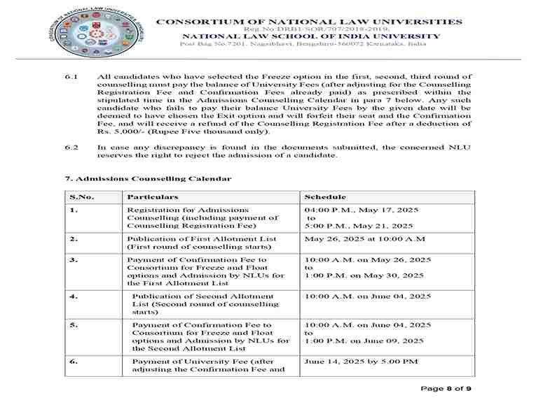 CLAT Counseling 2025 - Round II Seat Allotment (OUT), Confirmation Fee, Freeze, Float, Exit Options 1 CLAT 2025 UG Counseling Schedule 1