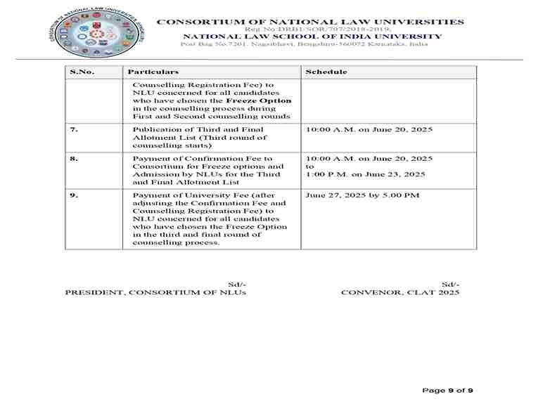 CLAT Counseling 2025 - Round II Seat Allotment (OUT), Confirmation Fee, Freeze, Float, Exit Options 2 CLAT 2025 UG Counseling Schedule 2
