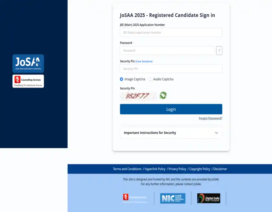 JoSAA Counseling 2025 - Round VI Allotment (OUT), Online Reporting & Fee Payment, Step-wise Process 2 JoSAA 2025 Seat Allotment log in window