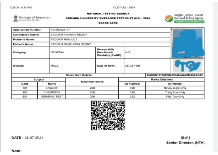 Sample CUET UG scorecard
