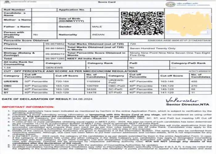 NEET Result 2025 (OUT) - Scorecard Download Link, Qualifying Cut-off, Merit List, Topper List 1 Sample NEET Scorecard