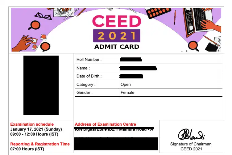 CEED Admit Card 2026 - Download Date and Link, Step-wise Process, Fix Discrepancy 1 sample CEED admit card