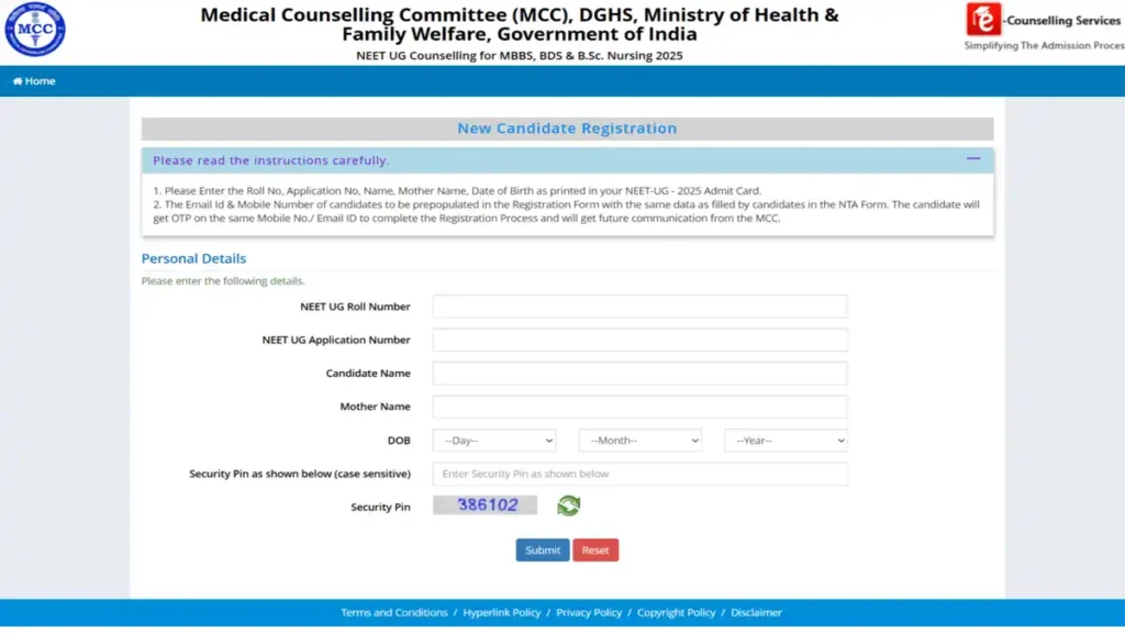 NEET Counseling 2025 - Round III Allotment (October 18), Seat Matrix, Fee Payment & Reporting 1 NEET Online Counselling Registration Portal