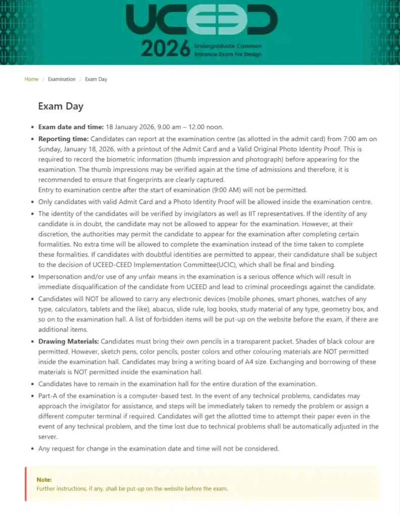 UCEED 2026 official exam instructions